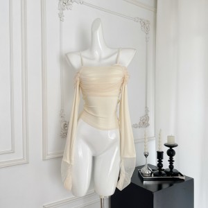 Ruoyu custom gentle oni mesh splicing elastic knitted top slim and sexy one shoulder long sleeved women