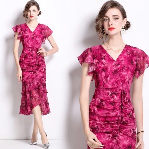 Real shot spot 2024 summer lotus leaf edge waist cinching slimming temperament lady dress, suitable for parties and daily wear