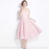 Real shot spot design sense, three-dimensional rose flower lace pink dress, sexy off shoulder vacation dress