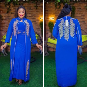 African Elegant Dress 2-piece Set, Expensive Front and Rear Diamond Plated Stand up Collar Long Sleeve African Fashion Design 2023