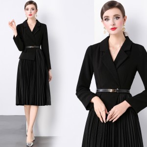 Real shot spot suit women's long sleeved fake two-piece suit dress with same belt included