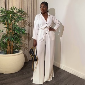 European and American Cross border Women's 2024 Spring New Solid Color Collar Long Sleeve Buckle Waist Strap Wide Leg jumpsuit