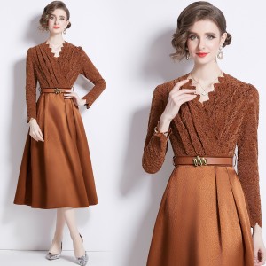 Real time spot 2024 early spring new lace patchwork V-neck waist cinching lace up big swing dress