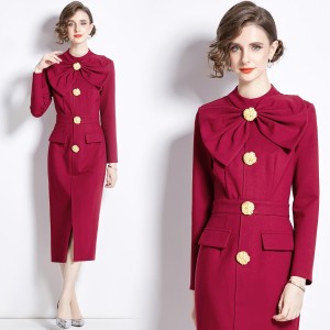 Real time spot standing collar long sleeved bow tie waist button decoration bag hip slit dress