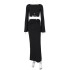 European and American foreign trade women's clothing 2024 autumn new product solid color horn long sleeved slim fit slit long skirt fashionable casual set