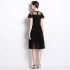 2024 summer new dress with waist cinching and slimming A-line temperament, mesh splicing black dress, sweet and feminine