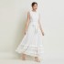 -Summer European and American round sleeveless hollow out water-soluble lace patchwork dress with long skirt and suspender