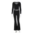 Amazon Cross border Women's 2024 Autumn New Solid Color Long Sleeve Trumpet Pants Two Piece Fashion Slimming Set