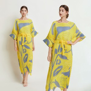 In stock - Miyake Fold Summer New Product Printed Waist Waist Dress Handmade Fold Temperament Skin Covering Long Dress