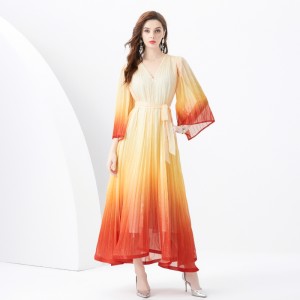 2024 Vacation - Vacation style V-neck flared sleeve pleated wave side length gradient printed dress