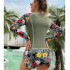 2024 new European and American surfing suit long sleeved anti diving suit printed flat angle split conservative swimsuit for women