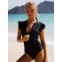 2024 new European and American women's swimsuit one-piece flying edge short sleeved zipper waist cinching pleating slimming sexy swimsuit