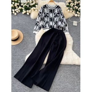 Korean chic fashion set women's long sleeved letter knitted top+high waist slimming wide leg straight leg pants two-piece set