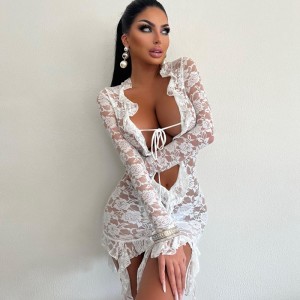 European and American 2024 summer cross-border hot selling sexy spicy girl lace perspective deep V-neck slim fit hip hugging dress wholesale