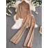 Autumn and winter new zipper sweater cardigan jacket women's embroidered knitted sweater long sleeved top two-piece set high waist wide leg pants