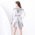 2024 Vacation - Palace style stand up collar lantern sleeves, single placket printed short mini dress