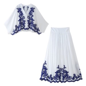 AliExpress 2024 Summer New Product European and American Cross border Women's Fashion Contrast Embroidered Shirt+Skirt Set for Women