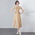 New 2024 champagne colored hollow embroidery custom lace high waist mid length pleated dress