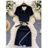 Autumn new design with contrasting color round neck slim fit and slimming short sleeved knitted shirt, high waist and hip hugging skirt two-piece set