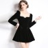 Real shot spot square collar mid waist French long sleeved retro dress, heavy-duty nail diamond velvet dress