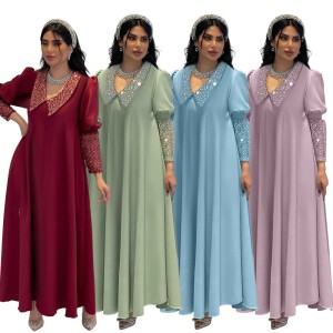 XQY500319 Cross border Dubai Muslim Women's Robe Fashion Sparkling Beaded Splicing Middle Eastern Long Dress