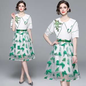 2024 Summer New Fashionable Aging Set Design Sense Top Embroidered Butterfly Mesh Skirt Two Piece Set