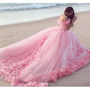 One shoulder peach collar short sleeved flower beach travel photoshoot grand display princess fluffy waist slimming wedding dress performance dress