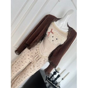 Reese Withers Cream Puppy Strap Top Casual Pants+Sweet and Cute Knitted Sweater Jacket