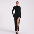 European and American style 2024 spring new women's long sleeved high neck sexy backless slit long skirt fashion dress wholesale