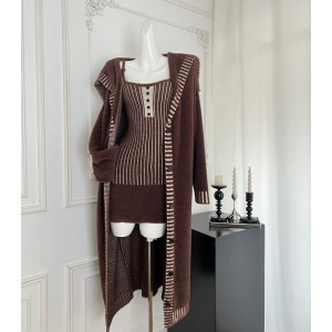 Imitation mink fur striped knitted cardigan/camisole skirt