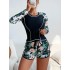 2024 new European and American surfing suit long sleeved anti diving suit printed flat angle split conservative swimsuit for women