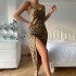 Ice silk camisole skirt for summer, thin, breathable, imitation silk, sexy leopard print pajamas, women's backless slit camisole nightgown