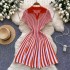 High end small fragrance retro contrasting color polo collar short sleeved slim fit single breasted hollow knit dress for women