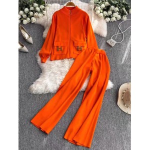 Korean style outfit slimming sweater knitted suit for women 2024 winter new casual high waisted wide leg pants two-piece set