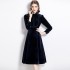 Real shot spot standing collar commuting long sleeved gold velvet dress, slimming mid length dress, dress