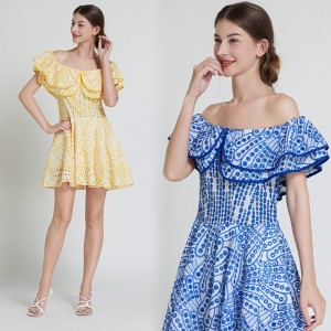 In stock - Australian trendy brand design elegant short skirt embroidered hollow waist slimming dress