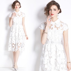 Real shooting spot 2024 summer new embroidered hollow water-soluble lace lapel shirt small fragrant style dress