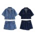 Foreign trade 2024 summer new short denim shirt 6164070 double breasted denim skirt pants 6164068 set for women