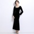 Real time spot French velvet elegant fishtail skirt retro heavy black evening dress slim fit long sleeved dress