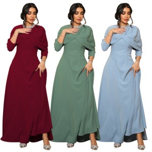 XQY500321 Middle East Cross border Muslim Robe Abaya Fashion Collar with Beaded Diamond Strip Shawl Collar Long Dress