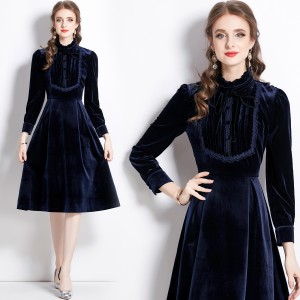 Real shot spot standing collar commuting long sleeved gold velvet dress, slimming mid length dress, dress