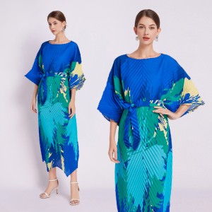 In stock - Miyake Fold Summer New Product Printed Waist Waist Dress Handmade Fold Temperament Skin Covering Long Dress