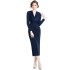 Real shot spot V-neck strap long sleeved solid color slimming bag body slimming versatile velvet dress