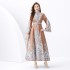 2024 Vacation - Palace style stand up collar flared sleeve single placket printed long lace dress