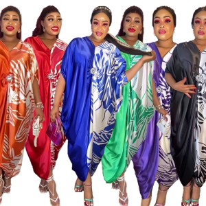 African Fashion Loose Dress for Foreign Trade, Amazon Large Women's Bat Sleeves, V-neck, Circle, Hot Diamond Robe