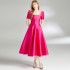 Real time spot French Hepburn style temperament solid color waist slimming big hem square collar dress