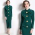 Real time spot standing collar long sleeved bow tie waist button decoration bag hip slit dress