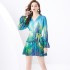 2024 Early Spring - Vacation Style V-neck Lantern Sleeve Wave Edge Colorful Mini Printed Dress Two Piece Set