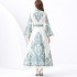 2024 Vacation - Palace style stand up collar flared sleeve single placket printed long lace dress