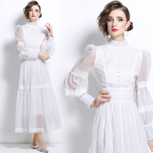 Real shot spot 2024 autumn long princess bubble sleeve organza women's dress looks slim and cinched waist